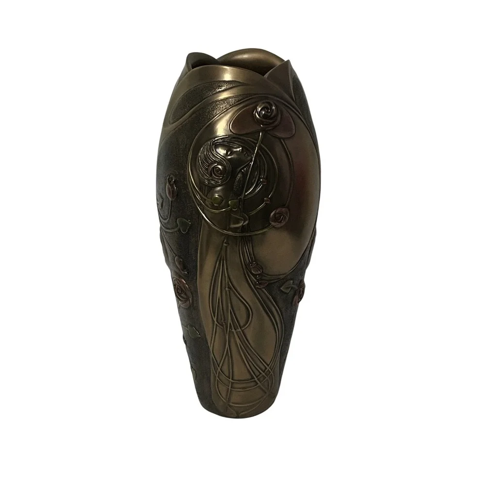 Veronese Design Art‎ Nouveau Vase Vintage Bronze Finish Woman Rose Relief 13.5in